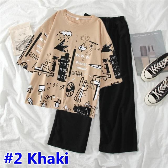 Cartoon Printed O Neck T shirt Long Pants Summer Two Piece