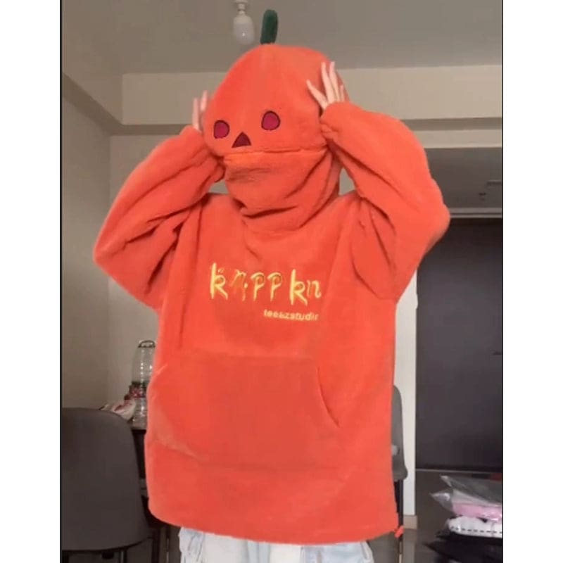 Cartoon Pumpkin Hooded Sweatshirt - Orange / M