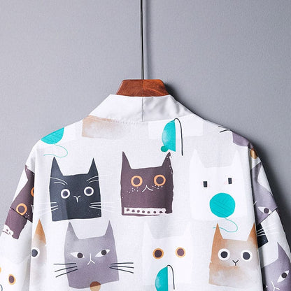 Cartoon White Cat Print Kimono Outerwear