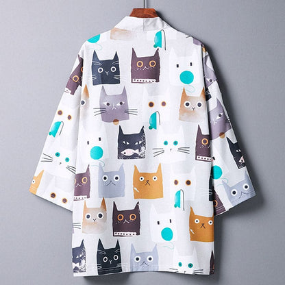 Cartoon White Cat Print Kimono Outerwear - Grey / One Size