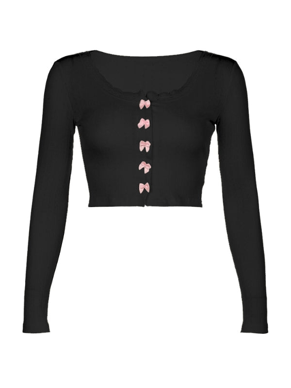Casual Bow Lace Top - Black / S - long sleeve tops