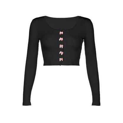 Casual Bow Lace Top - Black / S - long sleeve tops