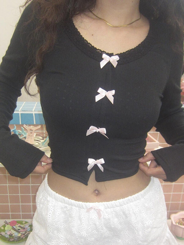 Casual Bow Lace Top - long sleeve tops