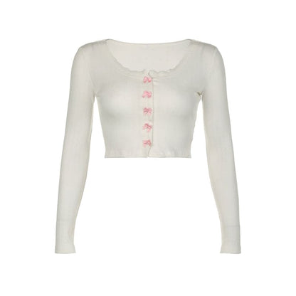 Casual Bow Lace Top - White / S - long sleeve tops