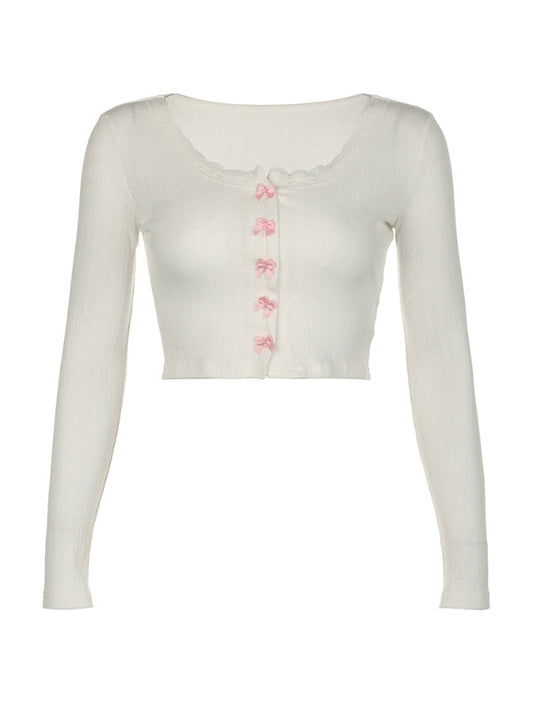 Casual Bow Lace Top - White / S - long sleeve tops