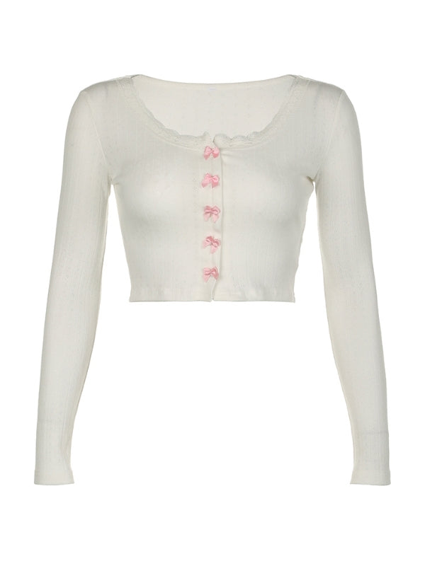 Casual Bow Lace Top - White / S - long sleeve tops