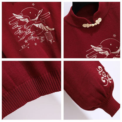 Casual Crane Embroideriy Sweater Hoodie Dragon Pattern