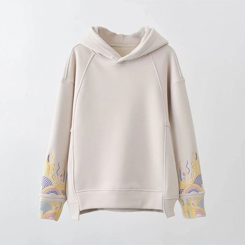 Casual Floral Embroidery Plush Loose Hoodie - Beige