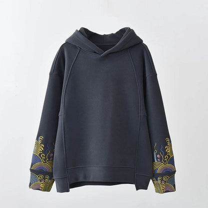 Casual Floral Embroidery Plush Loose Hoodie - Dark Grey