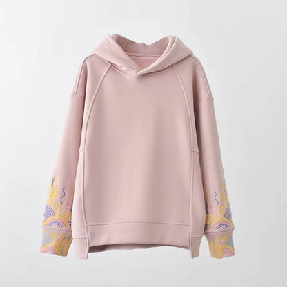 Casual Floral Embroidery Plush Loose Hoodie - Pink