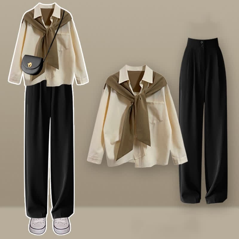 Casual Lapel Pocket Shirt High Waist Pants Set - Khaki