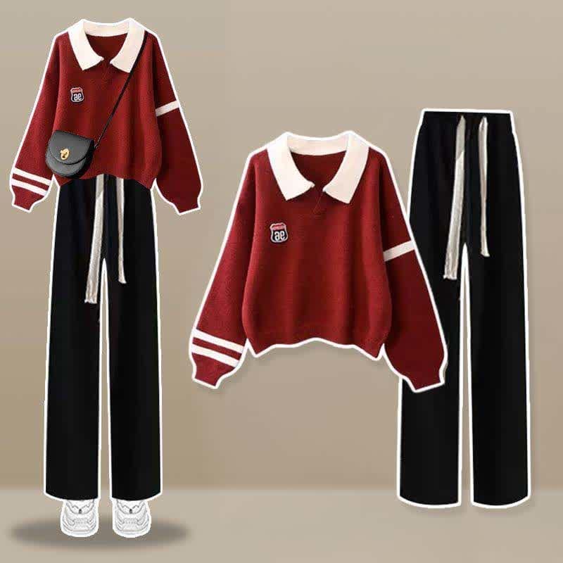 Casual Lapel Stripe Sweater Casual Pants Set - Red Set / M