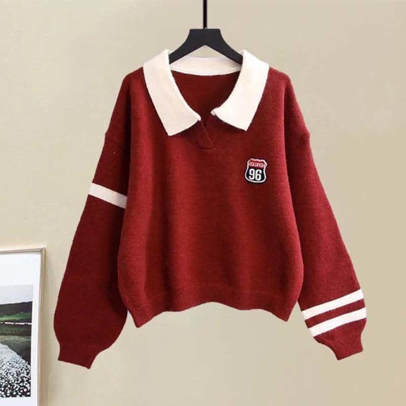 Casual Lapel Stripe Sweater Casual Pants Set - Red Sweater