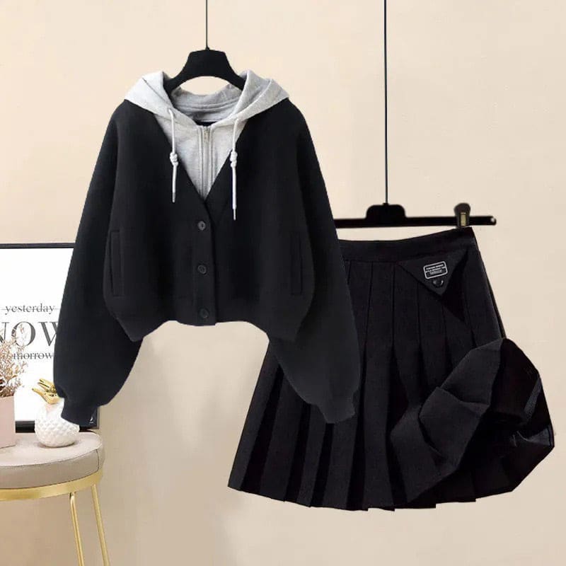 Casual Pocket Hoodie Pleated Skirt Set - Black Hoodie