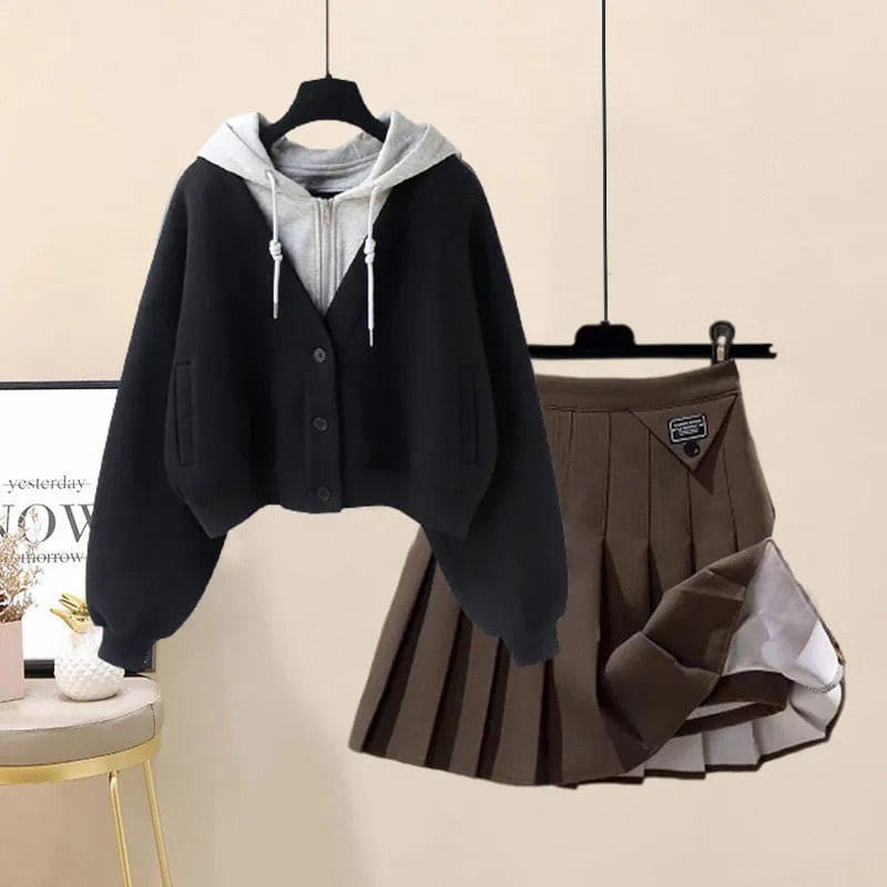 Casual Pocket Hoodie Pleated Skirt Set - Black Hoodie