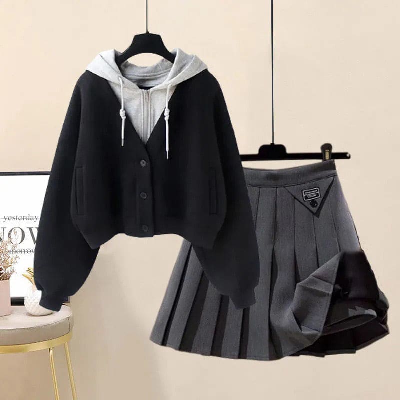 Casual Pocket Hoodie Pleated Skirt Set - Black Hoodie