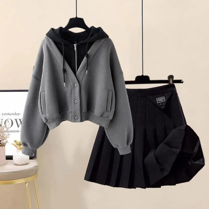 Casual Pocket Hoodie Pleated Skirt Set - Gray Hoodie