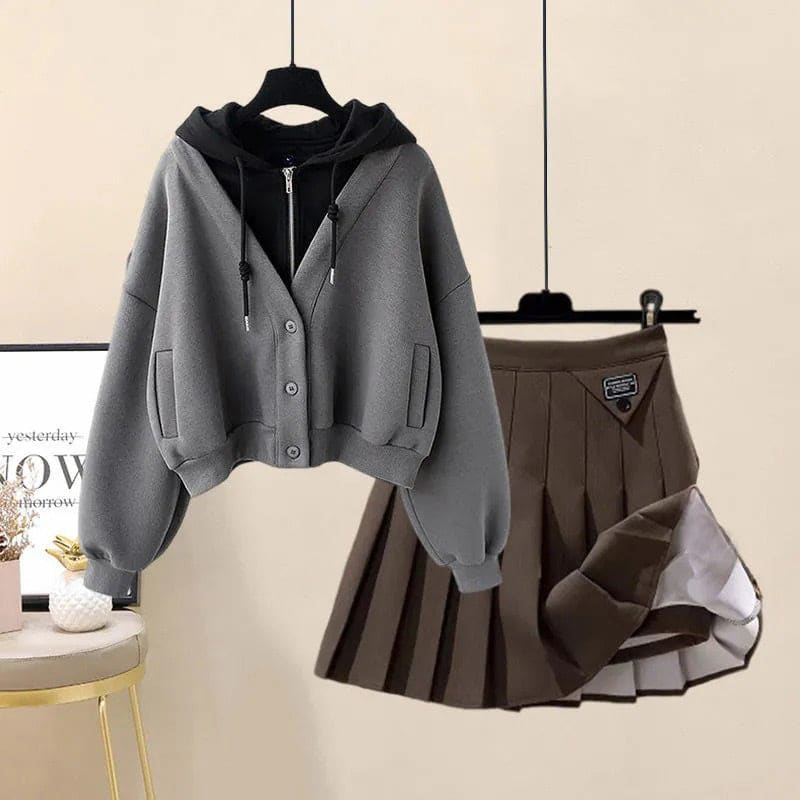 Casual Pocket Hoodie Pleated Skirt Set - Gray Hoodie