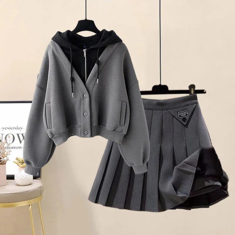 Casual Pocket Hoodie Pleated Skirt Set - Gray Hoodie + Gray