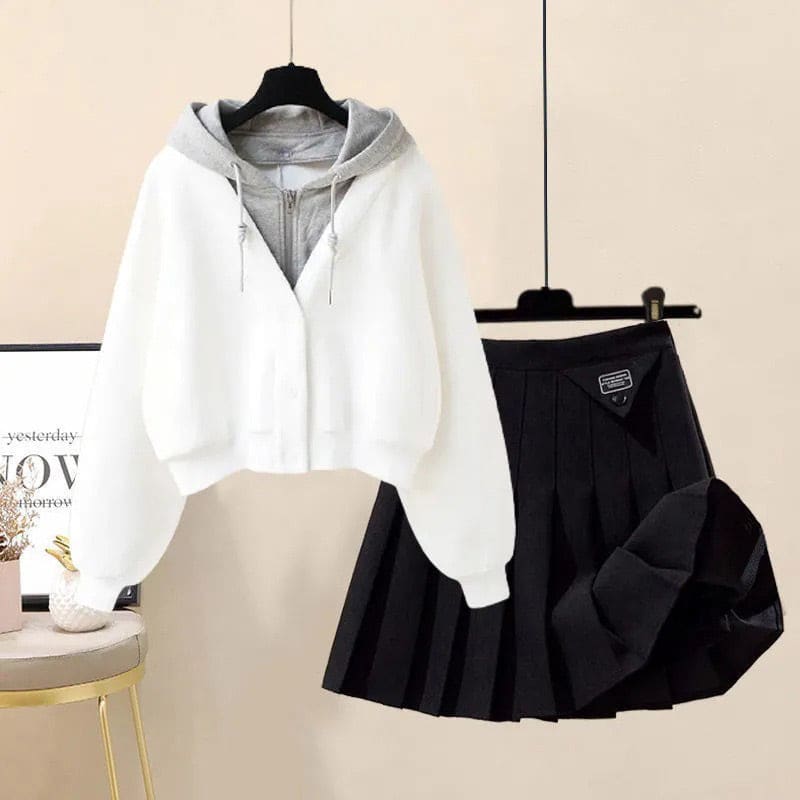 Casual Pocket Hoodie Pleated Skirt Set - White Hoodie