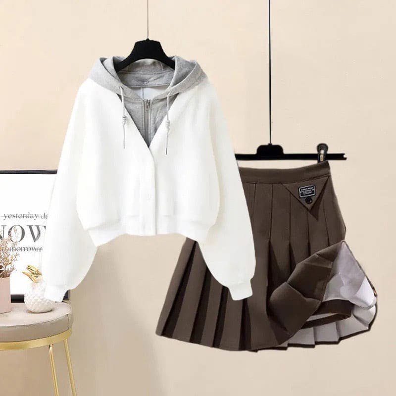 Casual Pocket Hoodie Pleated Skirt Set - White Hoodie