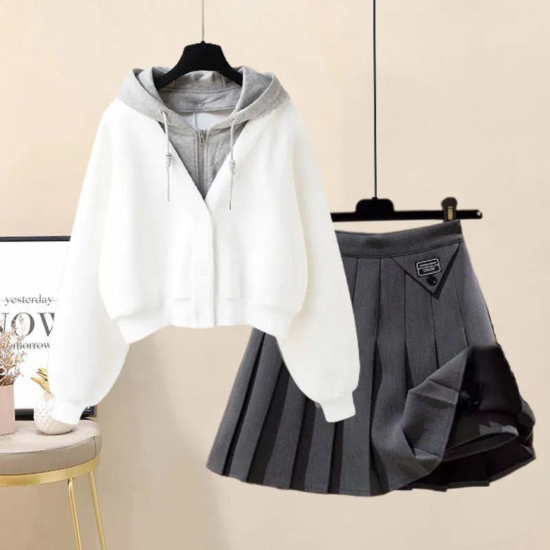 Casual Pocket Hoodie Pleated Skirt Set - White Hoodie