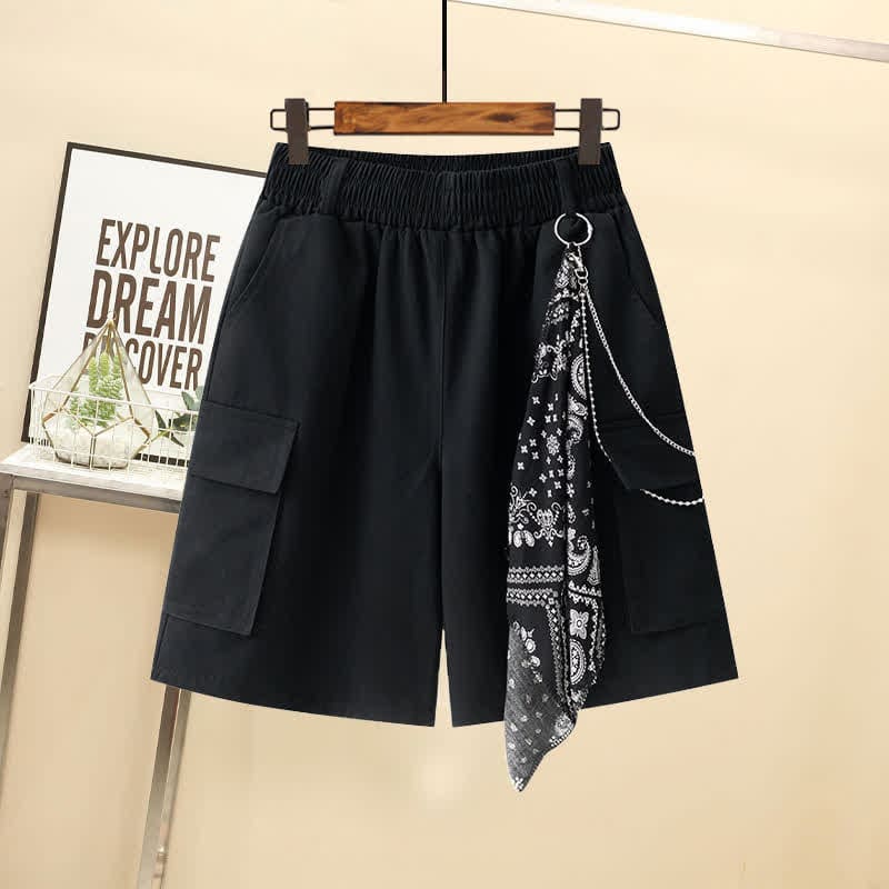 Casual Pocket Lapel Tie T-Shirt Chain Cargo Shorts - Shorts