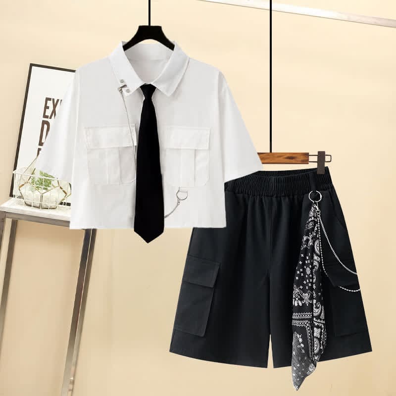 Casual Pocket Lapel Tie T-Shirt Chain Cargo Shorts - White