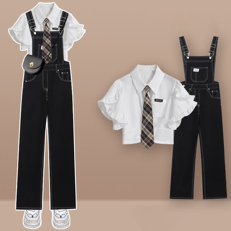 Casual Pocket Lapel Tie T-Shirt Denim Overalls Set