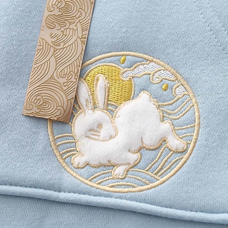 Casual Rabbit Embroidery Wave Print Hoodie