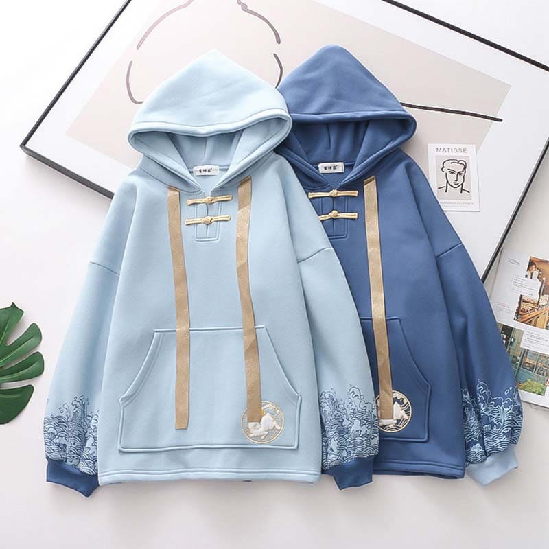 Casual Rabbit Embroidery Wave Print Hoodie