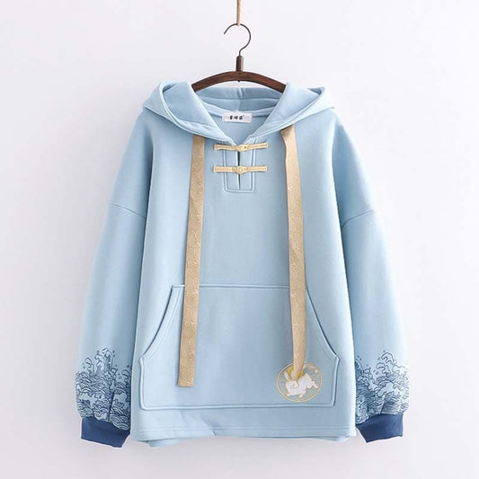 Casual Rabbit Embroidery Wave Print Hoodie - Blue / One Size