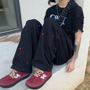 Casual Red Hearts Pants - S / Black - Pants