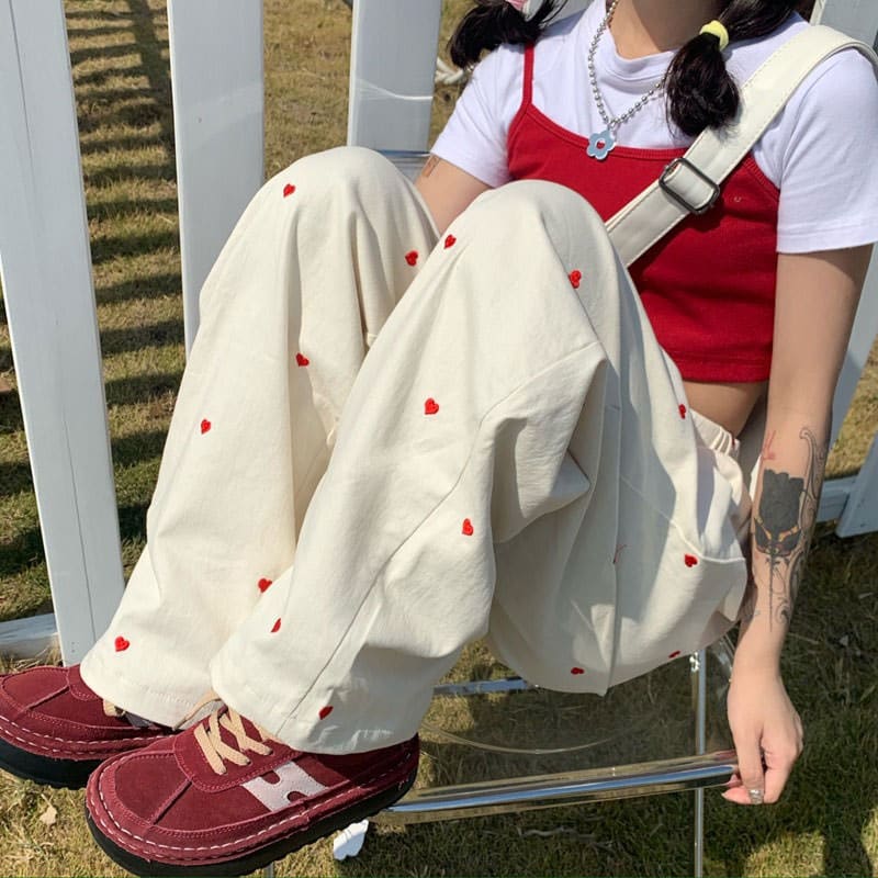 Casual Red Hearts Pants - S / White - Pants