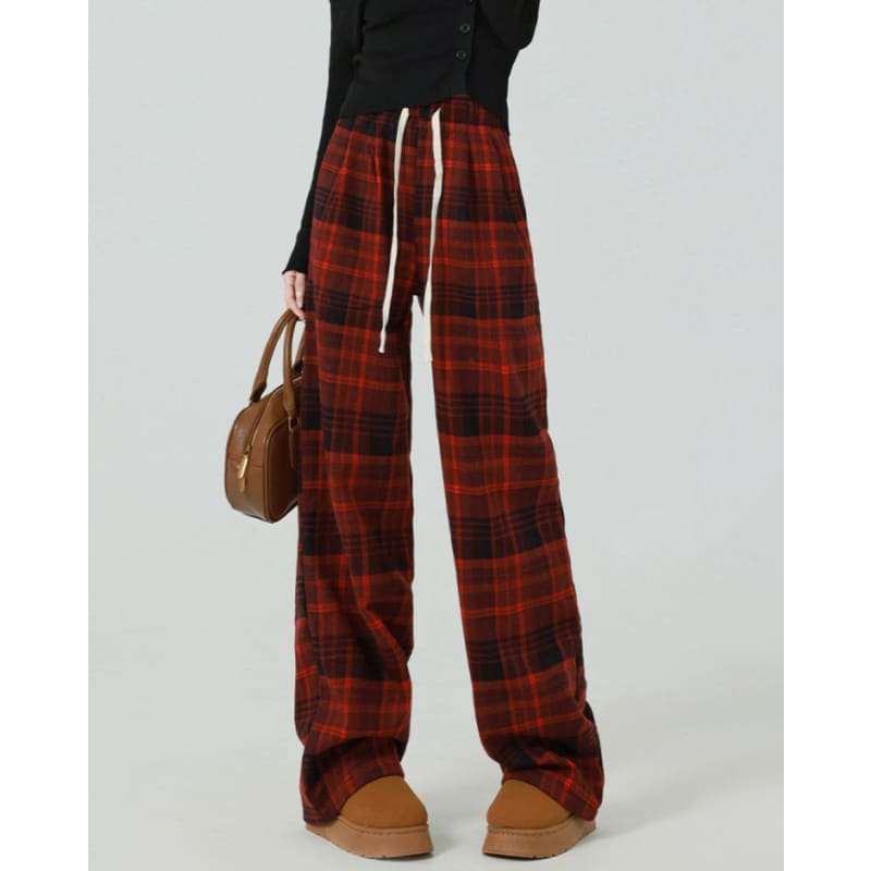 Casual Red Plaid Pants - Pants