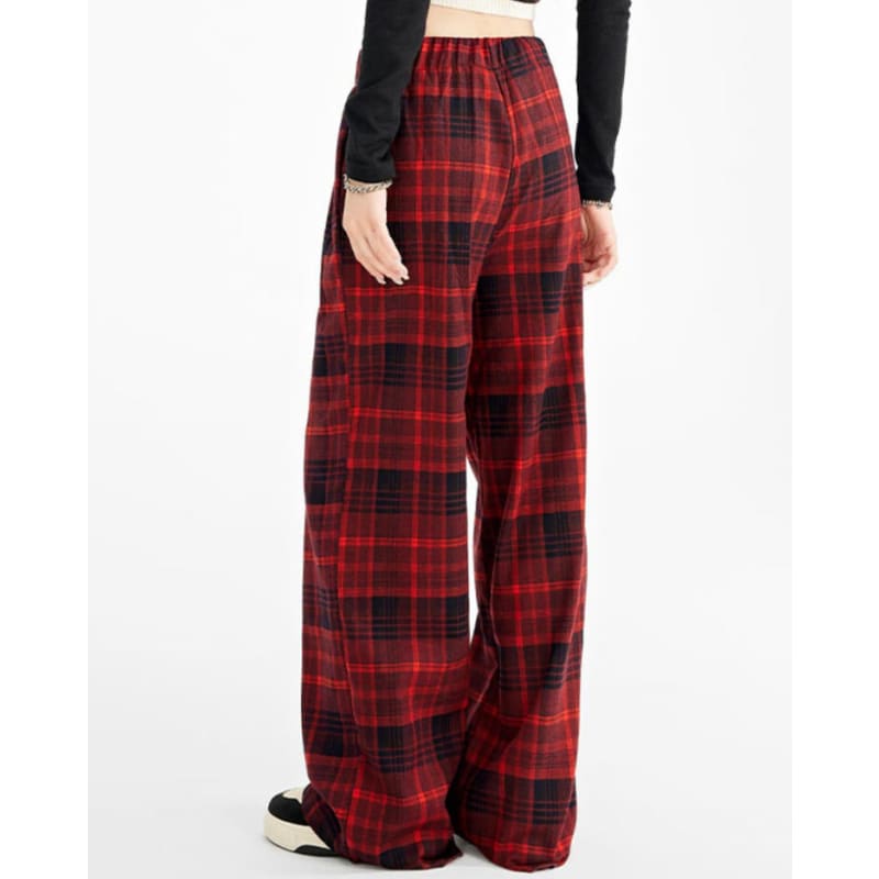 Casual Red Plaid Pants - Pants