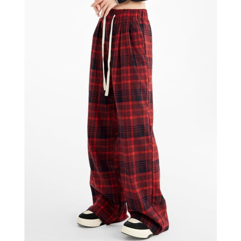 Casual Red Plaid Pants - Pants