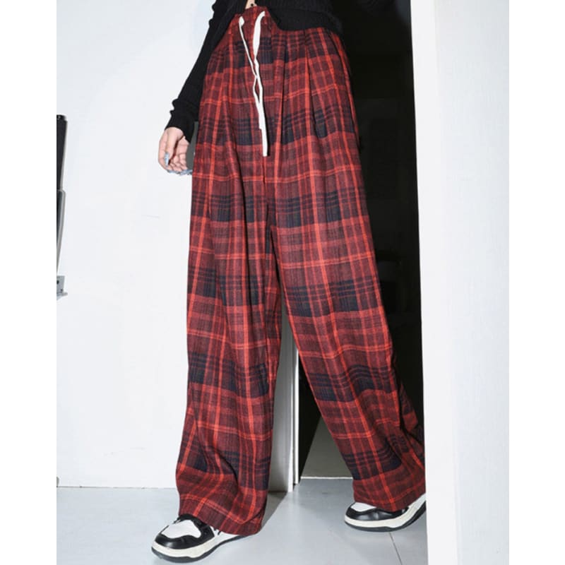 Casual Red Plaid Pants - Pants