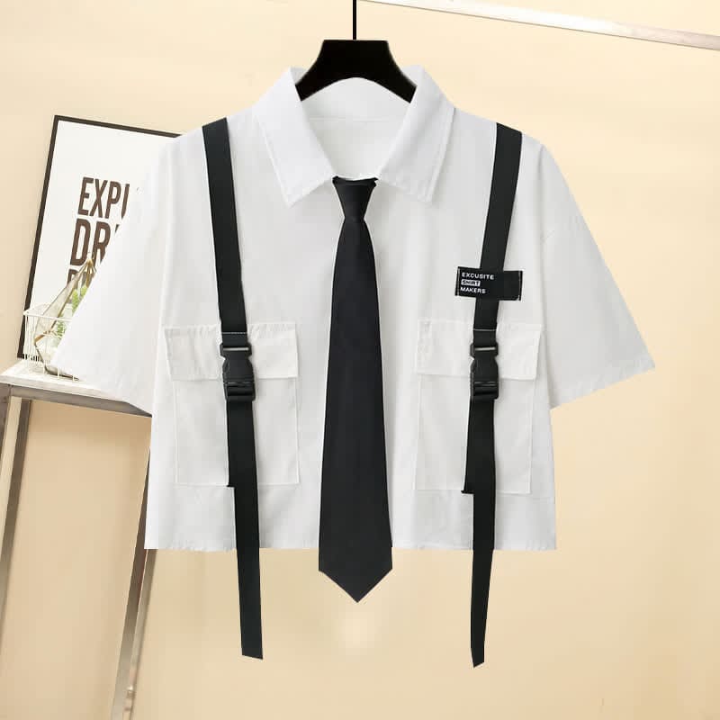 Casual Strap Pocket Tie Lapel T-Shirt Wide Leg Chain Cargo