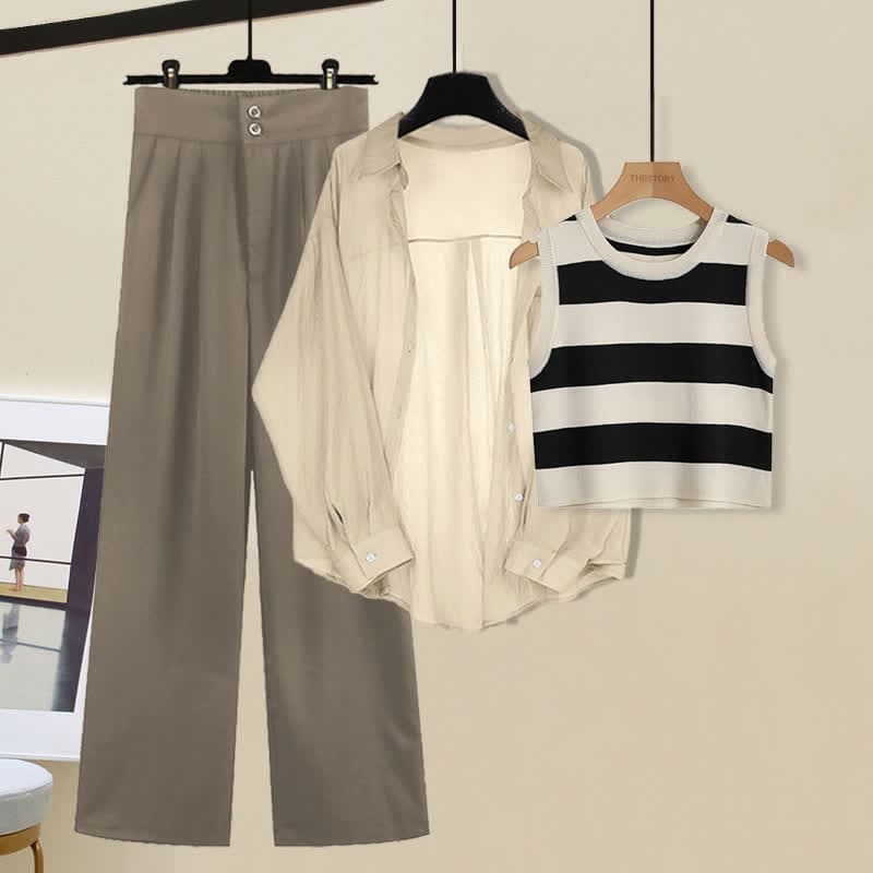 Casual Stripe Top Pants Set - Set / M