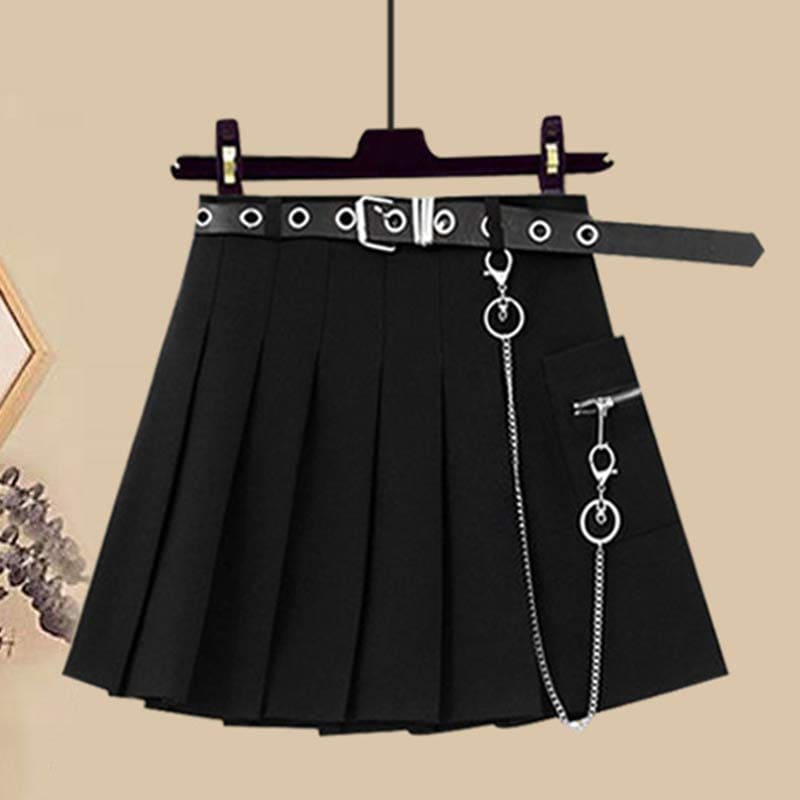 Casual T-Shirt Belted Chain Pleated Skirt Set - Skirt / M