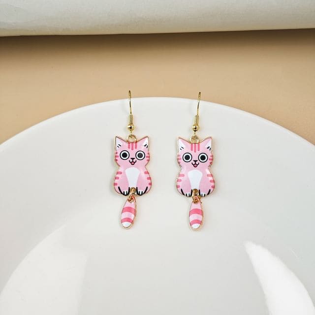 Cat Alloy Drop Earring - 1 Pair - E6099-2 - Pink / One Size