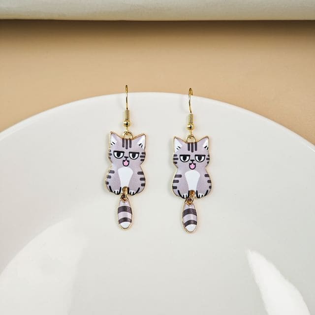 Cat Alloy Drop Earring - 1 Pair - E6099-3 - Gray / One Size