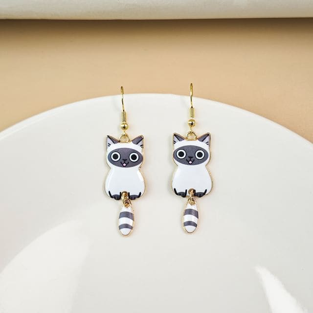 Cat Alloy Drop Earring - 1 Pair - E6099-5 - Gray & White