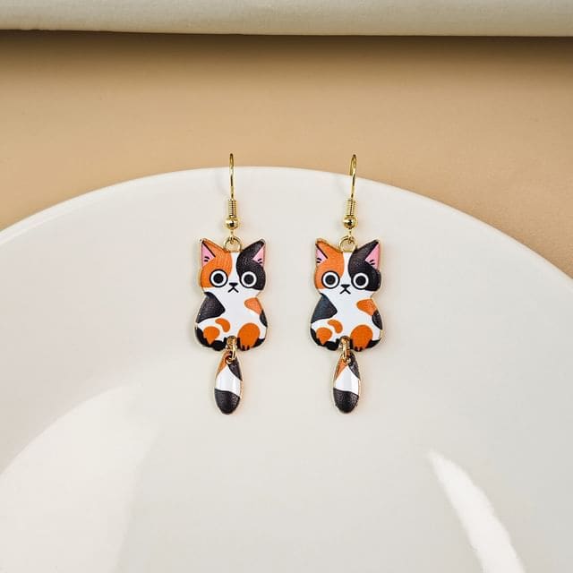 Cat Alloy Drop Earring - 1 Pair - E6099-6 - White & Brown