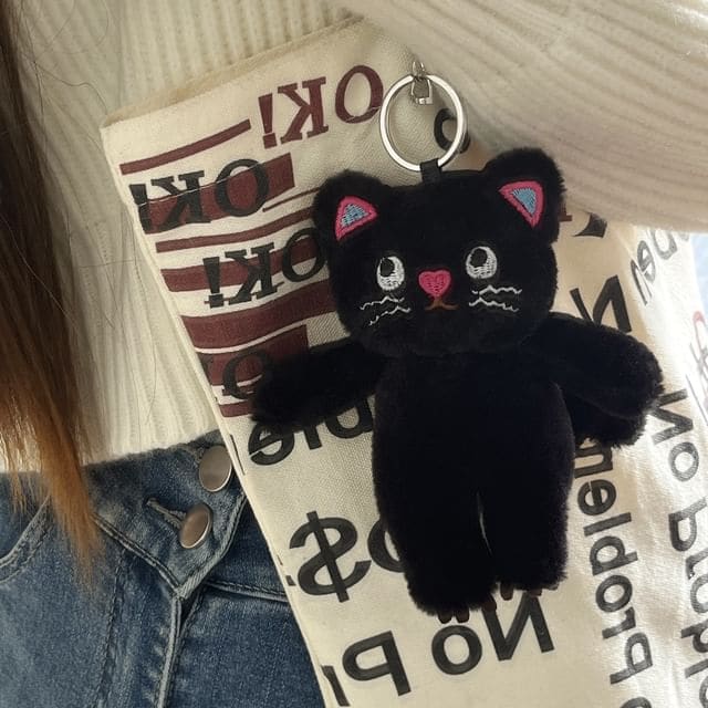 Cat Chenille Bag Charm Keyring - Black / One Size