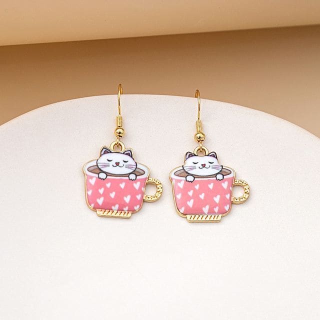 Cat Drop Earring - 1 Pair - E5867-12 - Pink / One Size