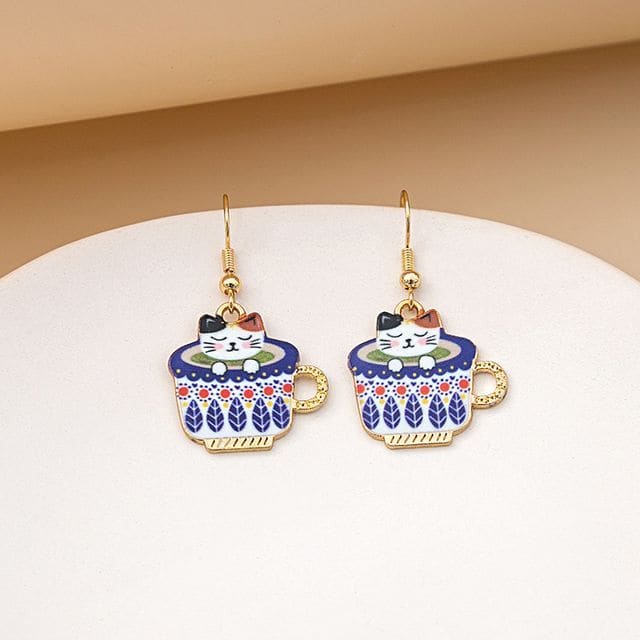 Cat Drop Earring - 1 Pair - E5867-6 - White & Blue