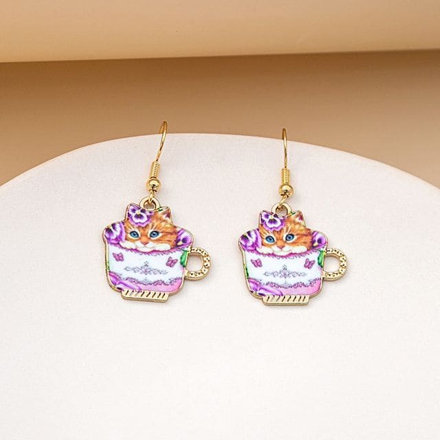 Cat Drop Earring - 1 Pair - E5867-8 - Purple & White