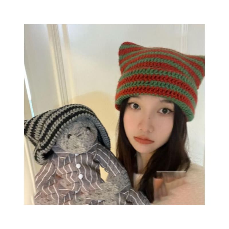 Cat Ear Striped Knit Beanie